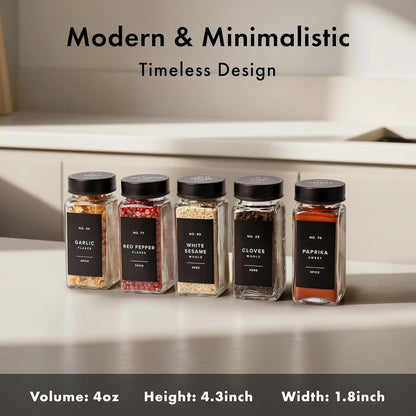 Glass Spice Jars with Label and Stainless Steel Lids (24 x 4oz) Spice Containers with 240 Labels, Shaker Inserts, Steel Funnel, Empty Square Empty Square Seasoning Organizer (Black)