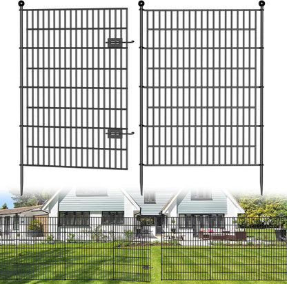 4 Panels No Dig Decorative Outdoor Garden Fence with Gate for Yard, 48 in(H) X 10.5 ft(L) Animal Barrier Fencing Rustproof Metal Wire Panel Border for Dog, Rabbits, and Patio Temporary Ground Stakes