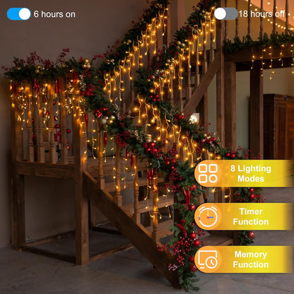 810LED 82ft Christmas Lights, 180Drops 12 Modes Warm White Christmas String Lights Outdoor Dimmable, Waterproof Christmas Decoration Fairy Lights with Timer for Indoor Eaves Party Patio Window Fence