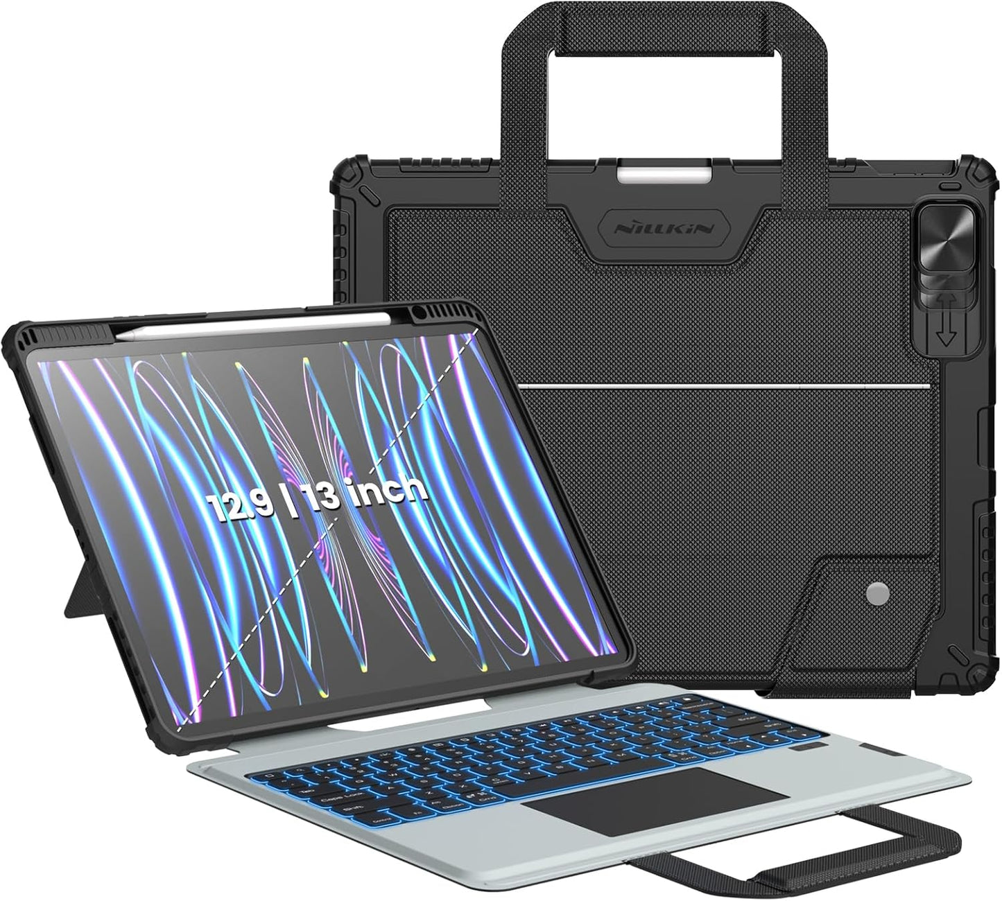Nillkin Carry Go Backlit Keyboard Case for iPad Air M3 iPad Pro 12.9 (3rd/4th/5th/6th Generation) with Handle,for iPad Air 13 inch M2 Detachable Keyboard Case with Trackpad,Kickstand,Great Typing