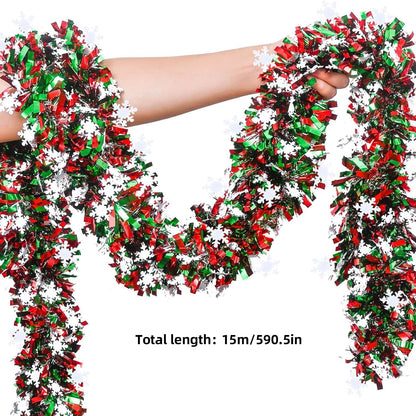 50 Feet Green Red Christmas Metallic Tinsel Twist Hanging Garland with Snowflake for Home Mantle Xmas Tree Staircase Railing New Year Holiday Party Indoor Outdoor Decorations
