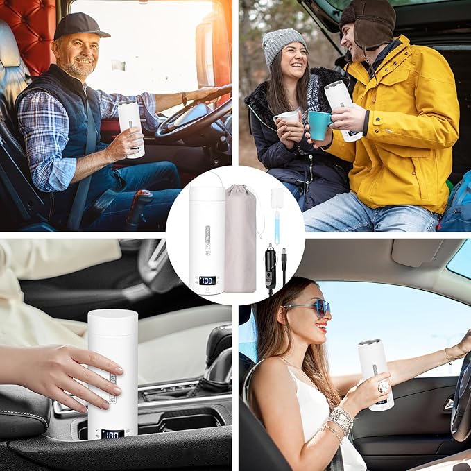 lazycozy® Travel Kettle for Car, 16oz Portable Electric Kettle, 4 Temperature Settings 113-212℉, with Clean Brush, Storage Bag, for Milk, Coffee, Tea, Hot Water