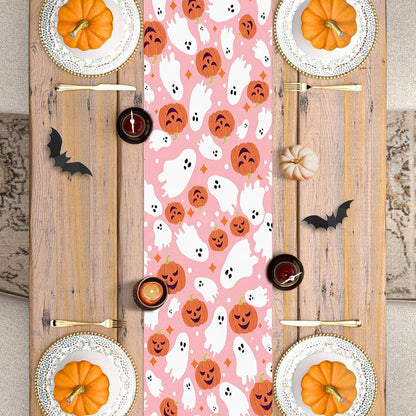 Halloween Table Runner Cute Spooky Ghost Pumpkin Table Linen Runner Pink Kitchen Dining Decoration Holiday Halloween Table Decoration for Holiday Indoor Outdoor Home Party Decor 13x72 Inch