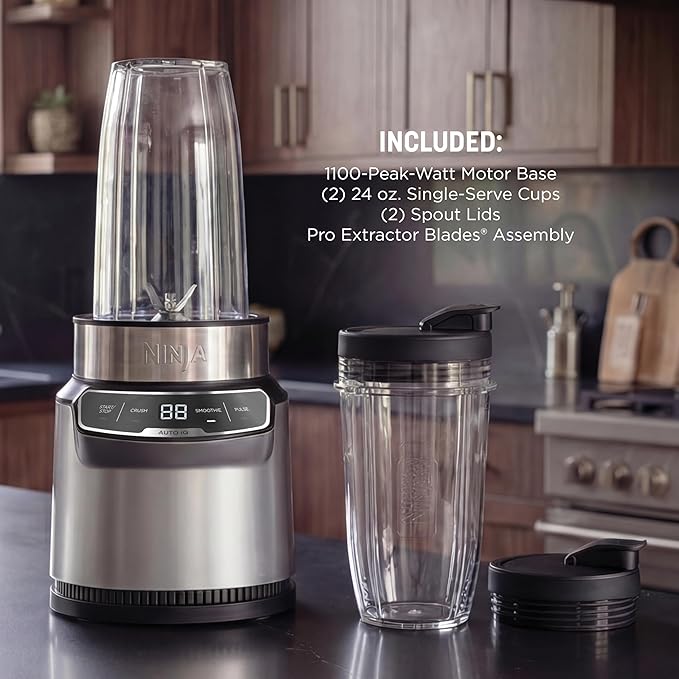 Ninja | Blender | Nutri Pro | Single Serve | For Smoothies, Salsa, Shakes and Frozen Drinks | Includes 2 Smoothie Cups & Lids | Crushes Ice, Fruit & Veggies |Silver | BN401
