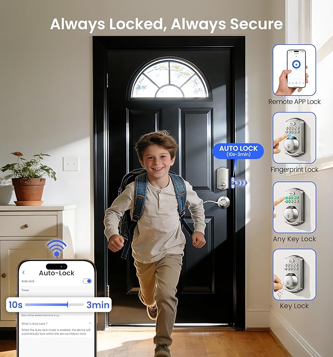 Veise VE012W-B Wi-Fi Fingerprint Smart Lock with Handle Set, Remote App Control, Keyless Entry Front Door Lever, Built-in WiFi No Hub Needed, Backlit Keypad Deadbolt, Auto-Locking, Satin Nickel