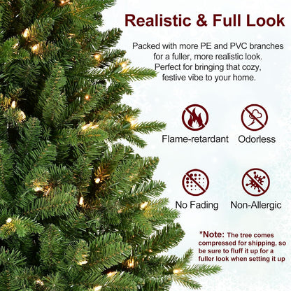 8FT Pre-Lit Artificial Christmas Tree with 2748 PE&PVC Mixed Branch Tips, 600 Warm White Lights, Hinged Premium Spruce Fake Xmas Trees, Green, Foldable Base