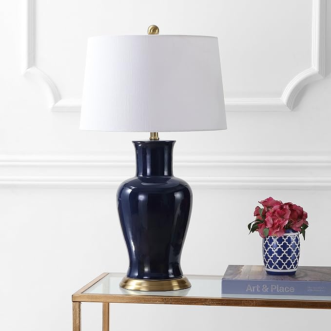 JONATHAN Y 29" Navy Traditional Ceramic Urn LED Table Lamp for Bedroom Decor, White Linen Drum Shade, Classic Nightstand Lamp for Living Room, LED Bulb Included (JYL4026B)