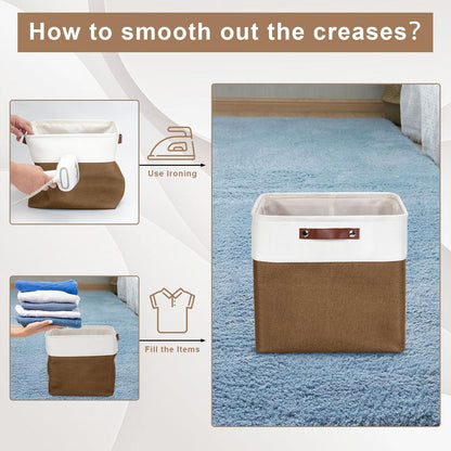 13x13 Cube Storage Bins, Collapsible Fabric Storage Box, 4 Pack Closet Baskets with Handles for Organizing, Shelf, Toys, Clothes, Home, Office, Nursery (Brown&White)