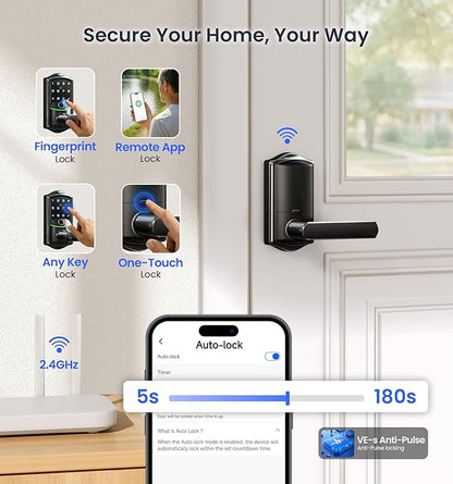 Veise VE029 WiFi Smart Lever Lock, Fingerprint Keyless Entry Door Lock with Handle, Built-in WiFi, Remote App Control, Electronic Digital Knob for Front Door and Bedroom, IP65 Waterproof, Matte Black