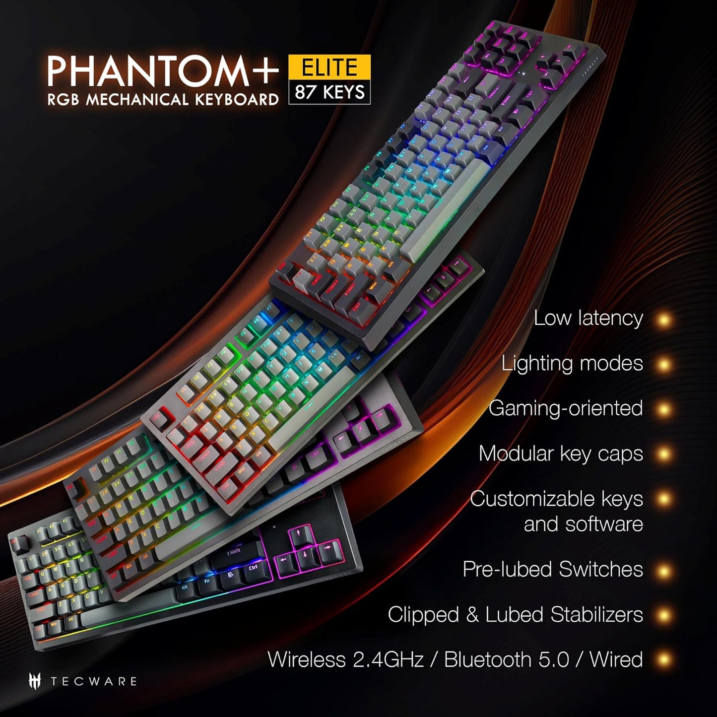 TECWARE Phantom+ Elite 87 Key RGB Mechanical Gaming Keyboard, LED Backlit, Universal Hot-Swap, Wired and Wireless, 3 Mode Connectivity, Thocky Sounding, Black Elite Wraith Red