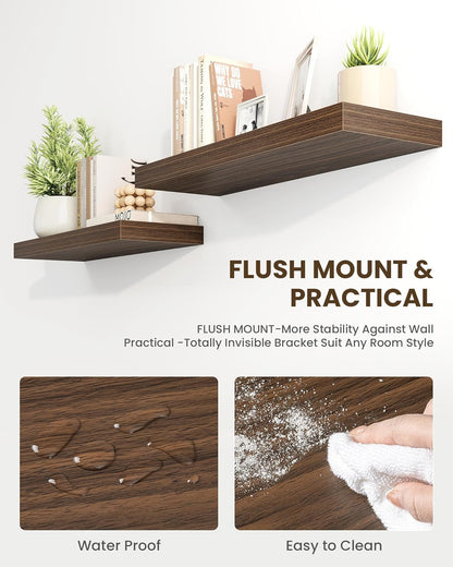 Marsmiles 31.5" Floating Shelves for Wall, Wooden Shelves with Invisible Brackets Set of 2, Rustic Farmhouse Wall Mounted Shelf for Kitchen Bathroom Living Room Study, Walnut