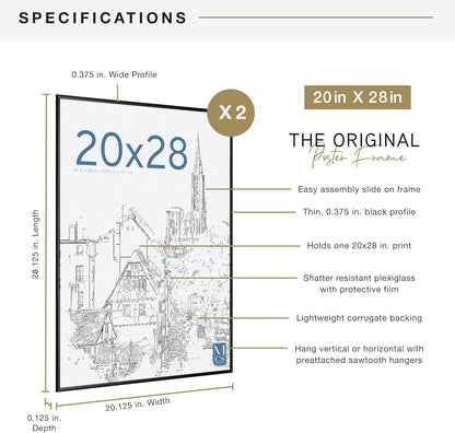 MCS Original Poster Frame 20x28 Black Lightweight Vertical & Horizontal Wall Hanging Large Picture Frame for Posters, Art Prints & Gallery Wall (2-Pack)
