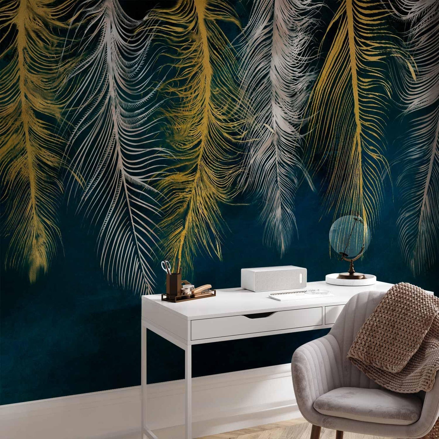 artgeist Premium Wall Mural Feather 79x55 in - Non-Woven Wallpaper Fleece Wall Decor Photo Print Picture Image Design Landscape Abstract Beige Navy Blue b-A-0812-a-a