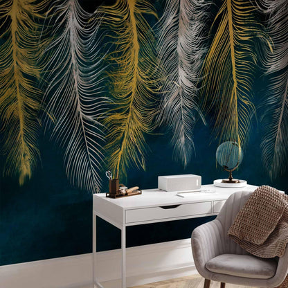artgeist Premium Wall Mural Feather 118x83 in - Non-Woven Wallpaper Fleece Wall Decor Photo Print Picture Image Design Landscape Abstract Beige Navy Blue b-A-0812-a-a