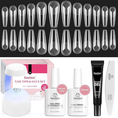 Beetles Gel Nail Kit Long Coffin, with Dehydrator and Primer, 576Pcs Half Matte Etch-X Gel Nail Tips Solid Nail Glue Mini Lamp Acrylic Tips Easy DIY Extension Set Gift for Women