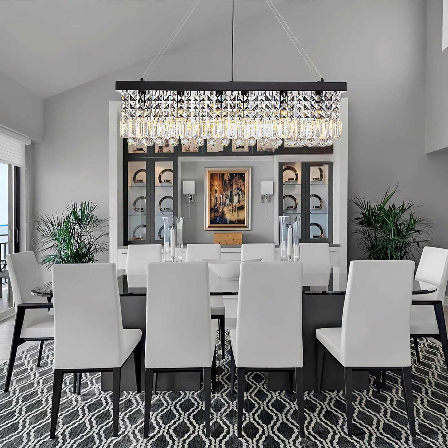 Rectangle K9 Crystal Chandelier,Rectangular Contemporary Pendant Light Fixture,Black Modern Crystal Chandeliers for Dining Room Kitchen Island L31.5''xW10''xH10''