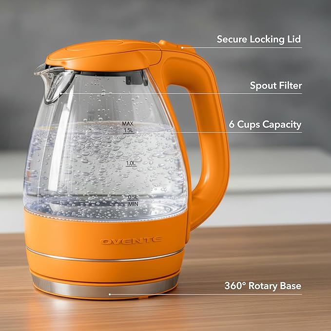 OVENTE Electric Kettle, 1.5L Borosilicate Glass Countertop Water Heater and Boiler for Coffee or Tea, BPA-Free, Auto Shut-Off, Boil-Dry Protection, Removable and Washable Spout Filter, Orange KG83O