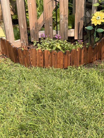 Wood Fence Border for Garden Beds – 9.8" H x 47" L Wooden Landscape Edging Panels, Rustic Decorative Outdoor Divider for Lawn, Path, and Yard Design (3-Pack, Covers 11.75 Ft)