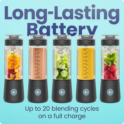 Chefman Cordless Portable Blender for Smoothies and Shakes, BPA-Free 16 oz Blending Jar w/Stainless-Steel Blades, USB-C Rechargeable with Color-Changing LEDs, Dishwasher-Safe Accessories - Black