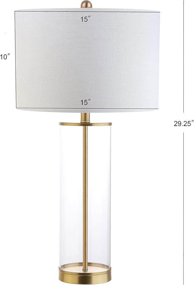 JONATHAN Y 29" Clear/Brass Gold Modern Glass Table Lamp for Living Room Bedroom, Minimalist Nightstand Bedside Lamp, White Linen Drum Shade, LED Bulb Included (JYL2005A)