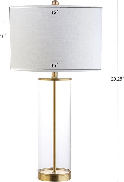 JONATHAN Y 29" Clear/Brass Gold Modern Glass Table Lamp for Living Room Bedroom, Minimalist Nightstand Bedside Lamp, White Linen Drum Shade, LED Bulb Included (JYL2005A)