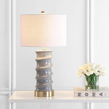 JONATHAN Y 29" Dark Grey/Gold Modern Ceramic Table Lamp for Living Room, White Linen Drum Shade, Bedside Nightstand Lamp for Bedroom, LED Bulb Included, Ridged Design JYL3052A