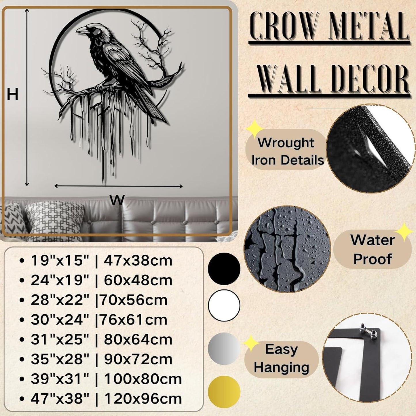 Crow Metal Wall Decor, Raven Wall Art, Large Gothic Raven Decor Hangings, Bird Wall Decor, Metal Tree Branch Decor, Ravens Sign, Raven Art for Living Room (Black, 30"x24" |76x61cm, metal wall art)