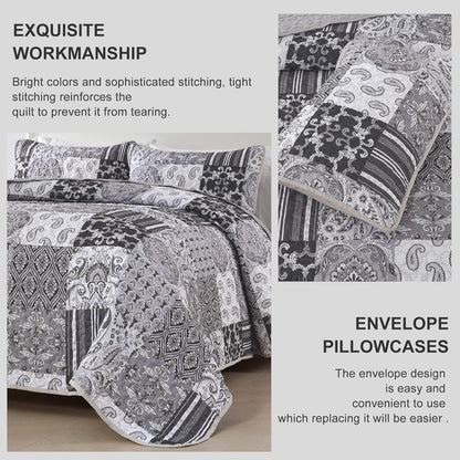 WONGS BEDDING Grey Quilt Set King Size, Patchwork Plaid Bedspread Bedding Sets Soft Microfiber Boho Quilts for King Bed 3 Pieces Coverlet Set for All Season (104"x90")