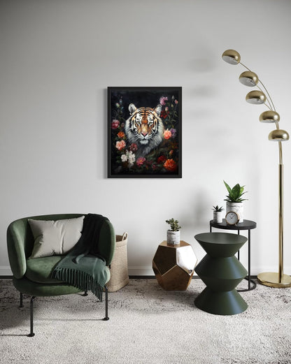 Tiger and Flower Poster Art Print, Halloween Scary Vintage Wall Art Academia Spooky Painting Decoration for Horror Prints, Gothic Posters Bedroom Decor 89 (Tiger and Flower, 8 x 10 inches, Black Frame)