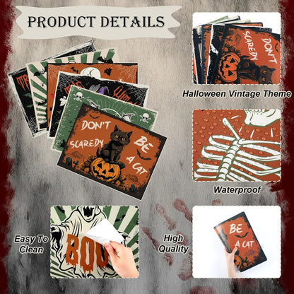 Halloween Placemats Set of 6 Vintage Plastic Table Mats Black Cat Place Mats Washable Ghost Witch Bat Rectangle Skull Table Decoration for Indoor Outdoor Party Kitchen Dining