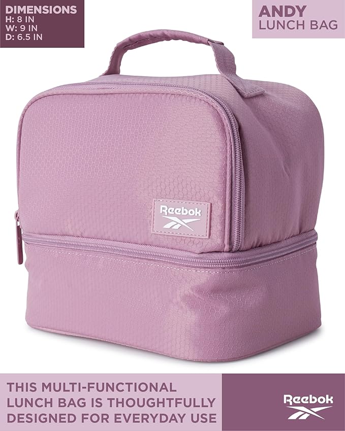 Reebok Mens and Womens Lunch Bag - Portable Insulated Work Lunch Box for Women and Men with Two Compartments and Handle, Andy Infused Lilac