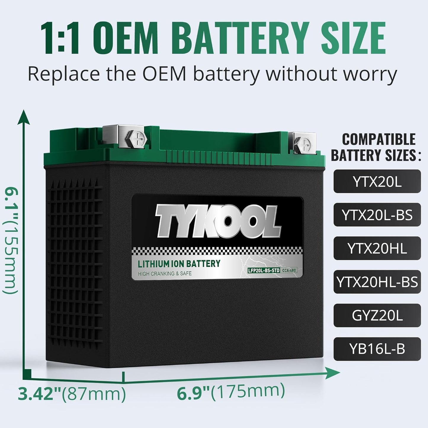 TYKOOL YTX20L-BS-STD Lithium LiFePO4 Motorcycle Battery 12v, 480CCA, 2X Cranking Amps,Digital Readout,Powersports Battery,for ATV,UTV,Jet Ski,PWC,Snowmobile,Quad,Riding Lawn Mowers and tractors