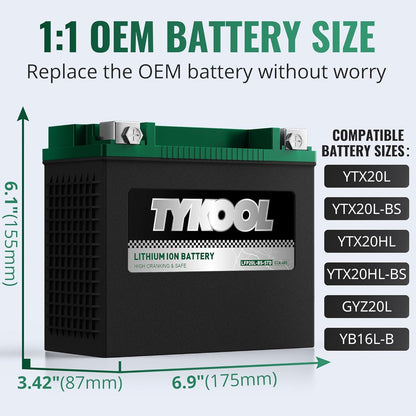 TYKOOL YTX20L-BS-STD Lithium LiFePO4 Motorcycle Battery 12v, 480CCA, 2X Cranking Amps,Digital Readout,Powersports Battery,for ATV,UTV,Jet Ski,PWC,Snowmobile,Quad,Riding Lawn Mowers and tractors