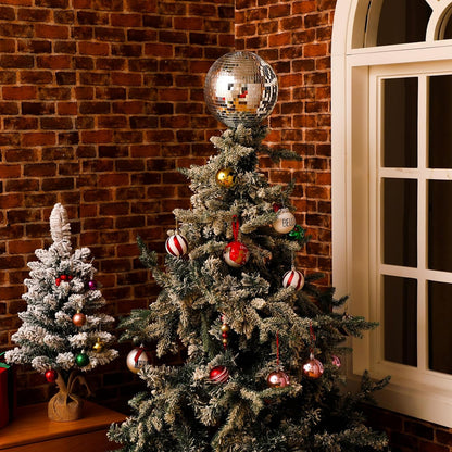 Retisee 8'' Disco Ball Christmas Tree Topper Disco Mirror Ball Xmas Tree Topper 3D Hollow Silver Decor Ornament for 70s Holiday Wedding Birthday Party Decorations