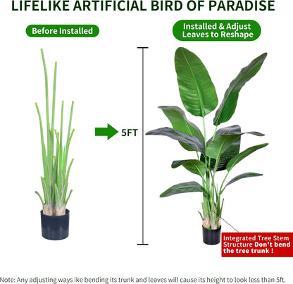 2Packs 5FT Artificial Bird of Paradise Plant,Faux Palm Tree Potted Plant with Real Touch Leaves,Fake Trees for Home Living Room Office Indoor Outdoor Decor(5 FT-2Packs)