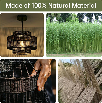 12.4” Black Boho Rattan Chandelier Light Fixture, 1-Light Hand Woven Pendant Light Fixture Farmhouse Rustic Hanging Lamp for Kitchen Island Bedroom, Dining Room, Living Room, Entryway, Foyer