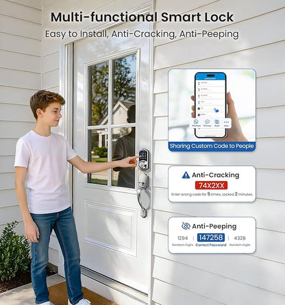 Veise VE07-H Fingerprint Smart Locks for Front Door with Handle Set, App Control, Keyless Entry Keypad Deadbolt, Digital Electronic Touchscreen, Easy Install, Auto Lock, Satin Nickel
