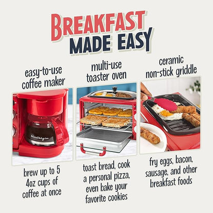 Nostalgia 3-in-1 Retro Breakfast Station - Includes 5 Cup Coffee Maker, Non-Stick Ceramic Griddle, and 4-Slice Toaster Oven - Built-In Timer, Reusable Coffee Filter, Space-Saving Design - Red
