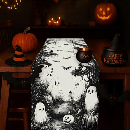 GPGHE Halloween Table Runner Black Ghost Holiday Burlap Table Decoration Indoor Outdoor Home Decor Party Supply 13 x 72 Inch