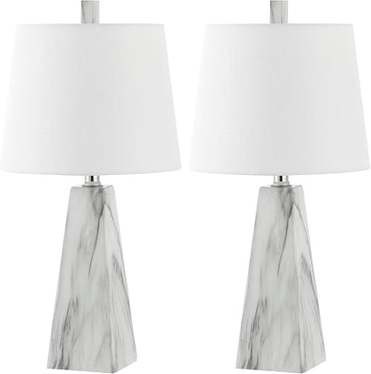 JONATHAN Y 20.5" White Marble Finish Modern Resin Table Lamp for Bedroom Living Room, Contemporary Faceted Bedside Lamp with White Linen Shade, LED Bulb Included (JYL1037A-SET2)