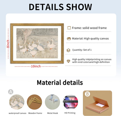 Vintage Framed Goose Wall Art Watercolor Print, Rustic Farm Duck Decor Canvas Painting, Minimalist Pastoral Poster Picture, Country Cottage Wall Decor for Living Room Kitchen Bathroom Bedroom 8x10 in