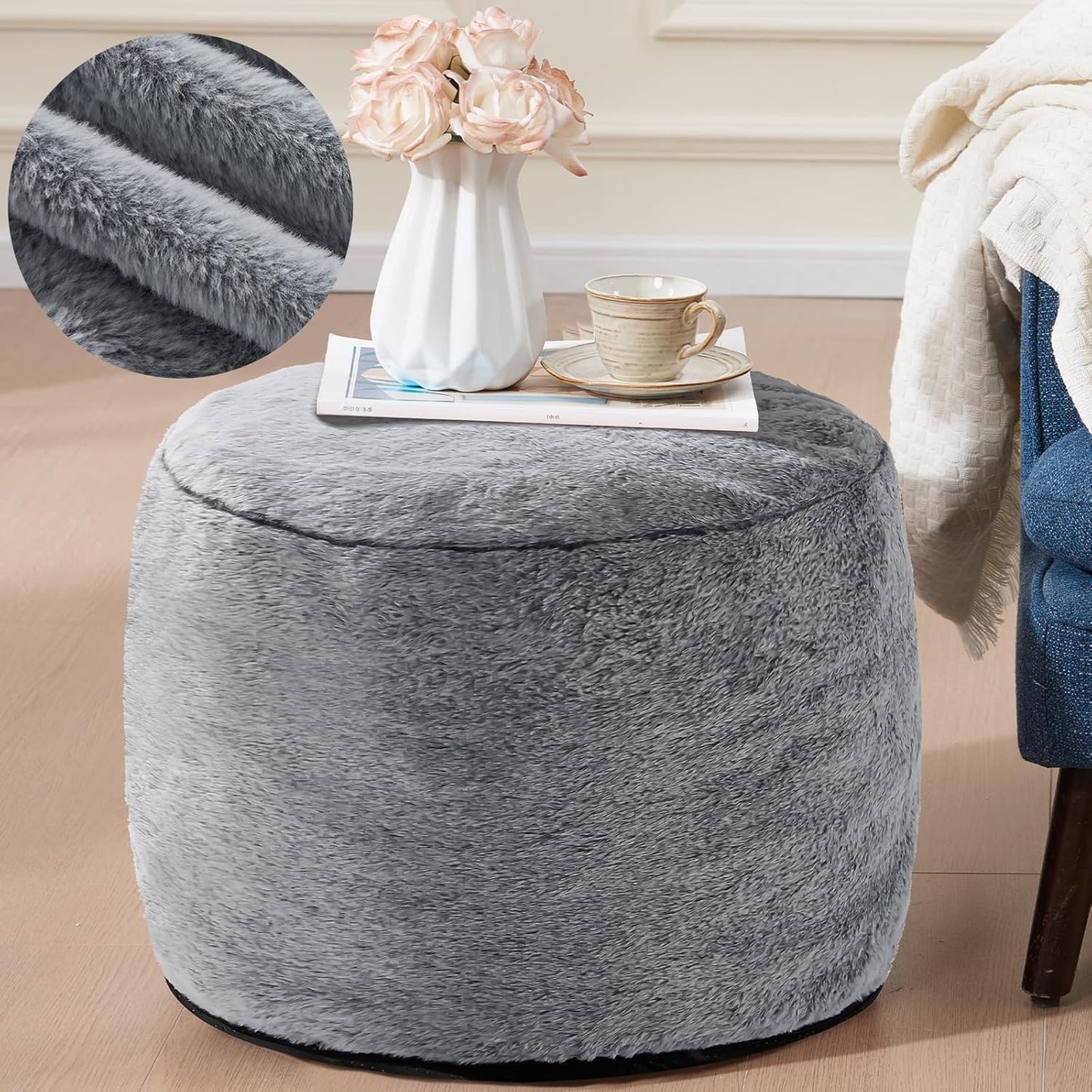 Round Ottoman Foot Rest for Couch 20"x15" Foot Stool Ottoman Pouf with Foam Chunk Filling Small Ottomans Foot Stools Poufs for Living Room Dark Grey Poof Hassocks and Ottomans Soft Foot Rest for Chair