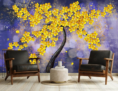 Yellow Flower Tree Wall Mural Purple Background Wall Decor for Bedroom Livingroom(Not Peel and Stick)