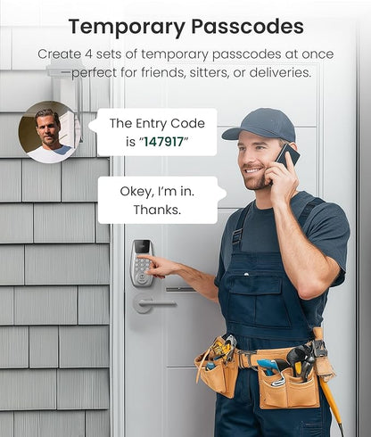 DESLOC C100 Keyless Entry Door Lock with 2 Lever Handles, Smart Deadbolt Lock for Front Door with 2 Keys, Auto Lock, 100 PIN Codes, Passage Mode, IP54 Waterproof, 12 Months Battery,Silver
