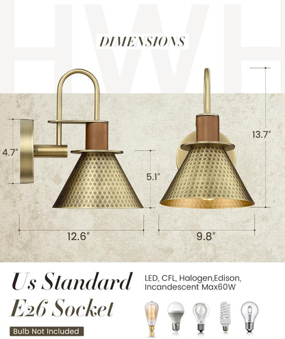 Antique Brass Wall Sconce, HWH Gooseneck Barn Wall Light Fixtures, 1-Light Single Wall Vanity Light, Farmhouse Wall Lamp for Bedroom Bedside Kitchen Hallway, Hammered Metal Shade, 5HZG74B-L BG