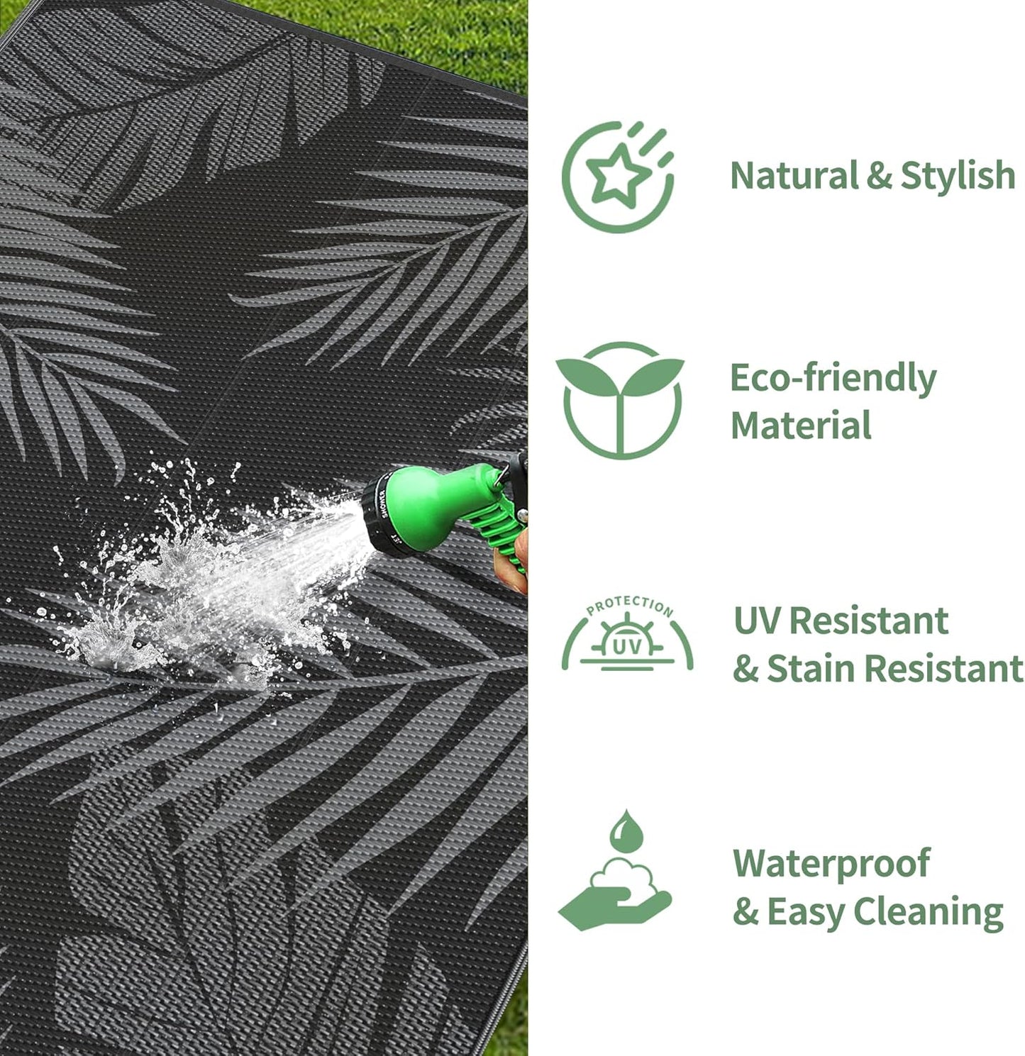 GENIMO Outdoor Rug 4' x 6' Waterproof for Patios Clearance, Reversible Outdoor Plastic Straw Camping Rug Carpet, Large Area Rugs Mats for RV, Camper, Deck, Balcony, Porch, Beach, Picnic, Black&Grey