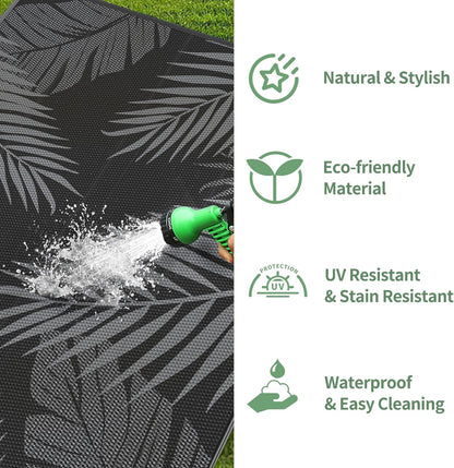 GENIMO Outdoor Rug 9' x 12' Waterproof for Patios Clearance, Reversible Outdoor Plastic Straw Camping Rug Carpet, Large Area Rugs Mats for RV, Camper, Deck, Balcony, Porch, Beach, Picnic, Black&Grey