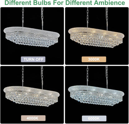 Rectangular Crystal Chandeliers for Dining Room,10 Lights Adjustable Height Oval Crystal Ceiling Light Fixture for Kitchen Island, Chrome Finish, L36''