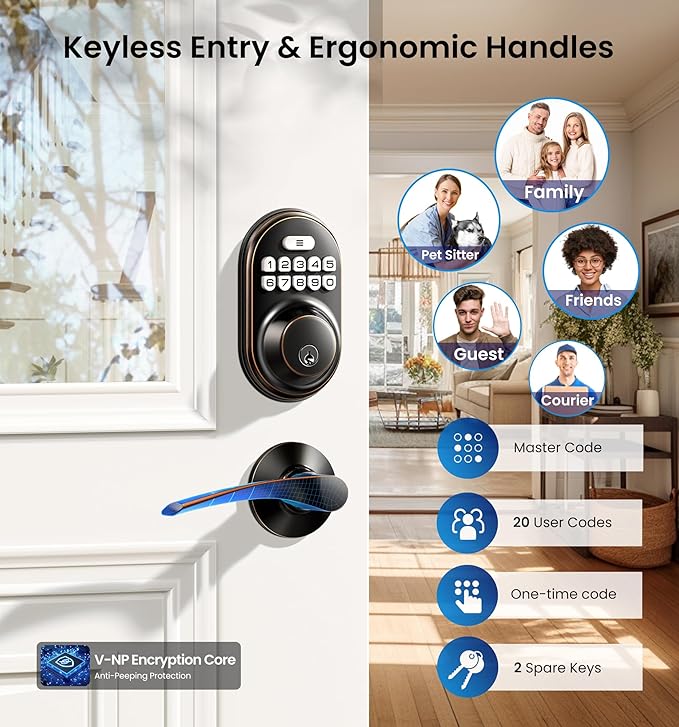 Veise Keyless Entry Door Lock with 2 Lever Handles - Electronic Keypad Deadbolt, Auto Lock, Back Lit & Easy Installation Design, Front Door Handle Sets, Oil Rubbed Bronze
