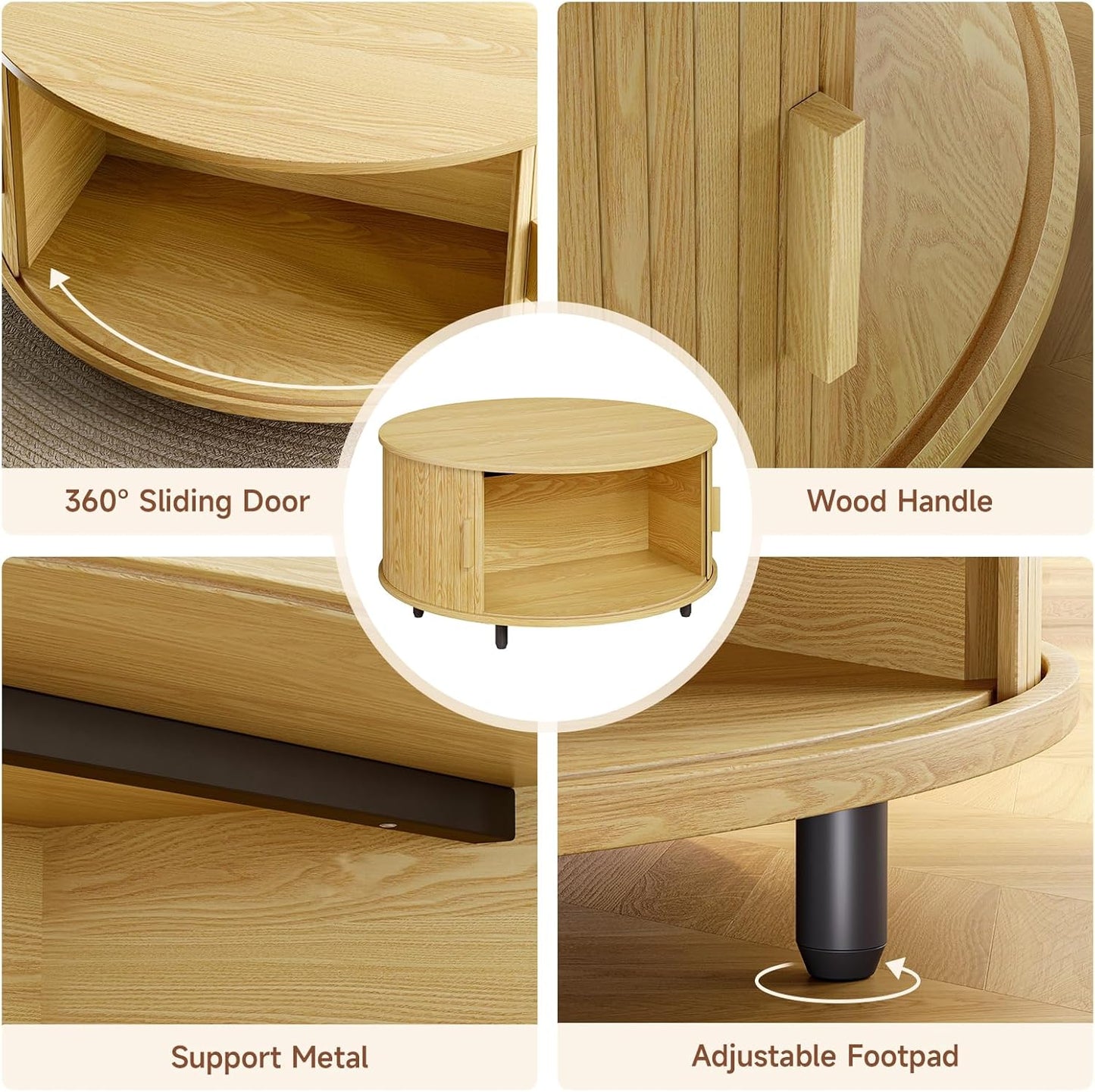 Round Coffee Table with Storage, 31.5" Modern Coffee Table with 360° Curved Sliding Door, Fluted Wood Accent Coffee Table with Adjustable Footpads, Round Center Table for Living Room, Oak